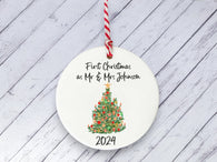 Ceramic Circle Decoration - first Xmas Mr & Mrs tree personalised