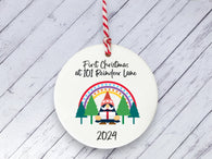 Ceramic Circle Decoration - Rainbow gonk personalised first xmas in our new home