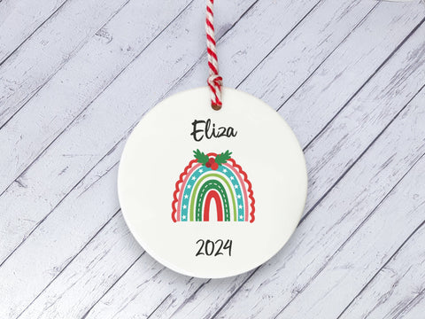 Ceramic Circle Decoration - Xmas rainbow personalised child's name