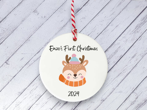 Ceramic Circle Decoration - Baby's first Xmas deer personalised