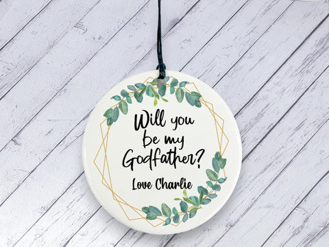 Will you be my Godfather? Proposal gift - Botanical Personalised Ceramic circle