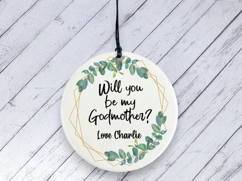 Will you be my Godmother? Proposal gift - Botanical Personalised Ceramic circle