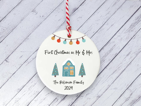 Ceramic Circle Decoration - teal house first Xmas as Mr & Mrs personalised