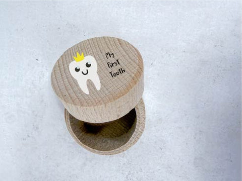 My First Tooth Wooden Circle Tin Yellow Crown