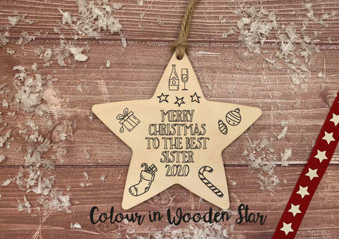 Wooden Colour In Doodle Star Ornament or magnet - Merry Xmas to the best Sister