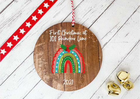 Dark Wood Circle Decoration - Xmas rainbow - first xmas in our new home