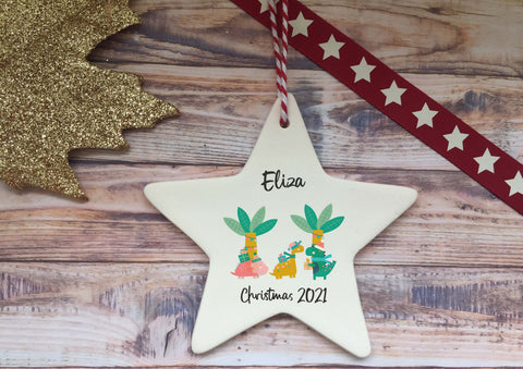 Ceramic Hanging Star Decoration Child's name festive dino