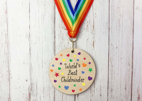 World's Best Childminder printed wooden medal