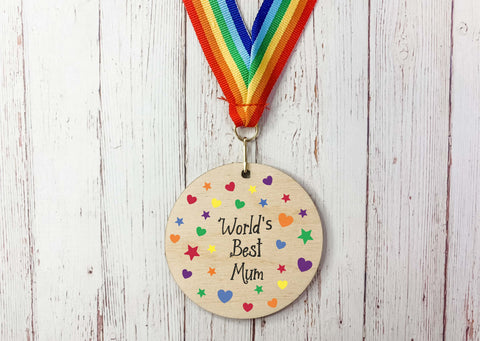 World's Best Mum printed wooden medal