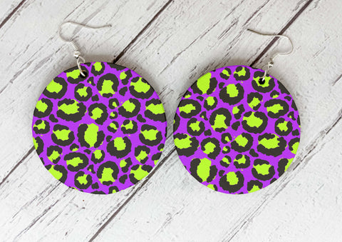 Wooden Earrings - Purple & Yellow Leopard Print